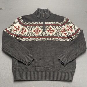 IZOD Sweater Mens Large Gray 1/4 Zip Mock Neck Fair Isle Nordic Knit‎ Pullover